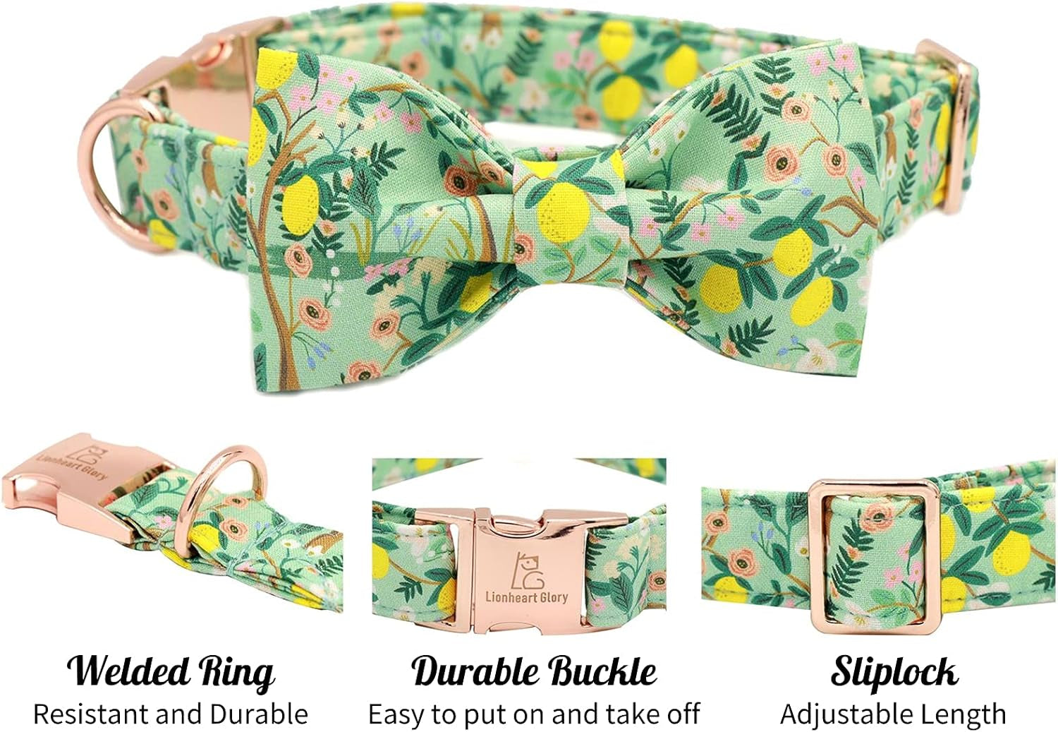 Premium Floral Dog Collars, Bowtie Dog Collar, Adjustable Heavy Duty Girl Dog Collar with Bow for Medium Dogs