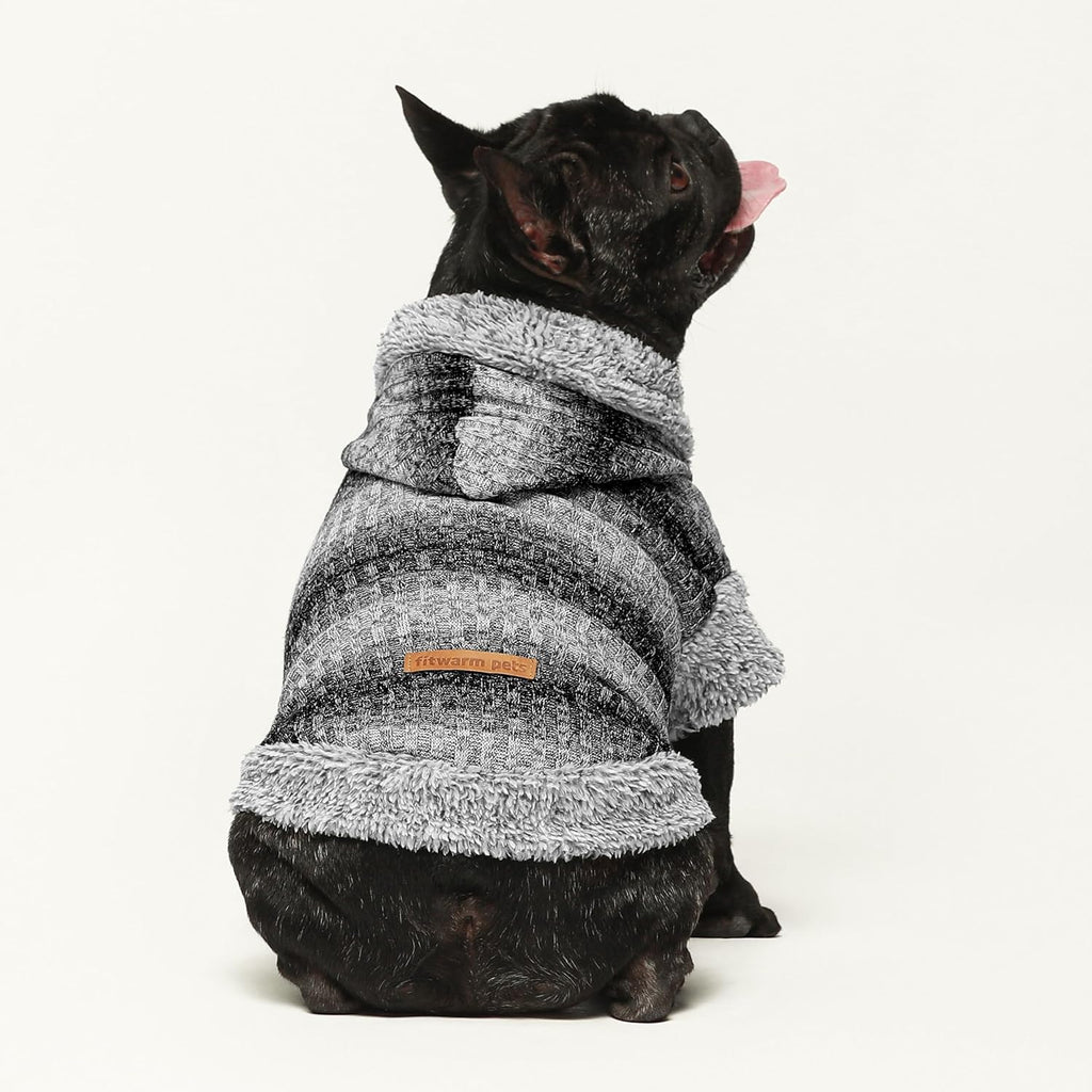 Fuzzy Dog Sweater, Knitted Winter Dog Clothes for Small Dogs Boy Girl, Pet Cat Hooded Outfit, Heather Grey, Black, Medium