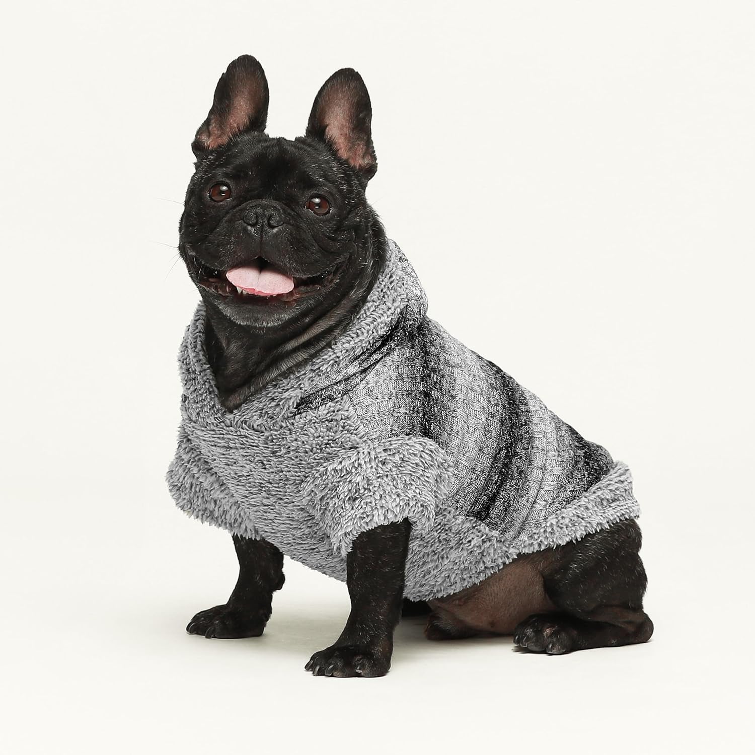 Fuzzy Dog Sweater, Knitted Winter Dog Clothes for Small Dogs Boy Girl, Pet Cat Hooded Outfit, Heather Grey, Black, Medium